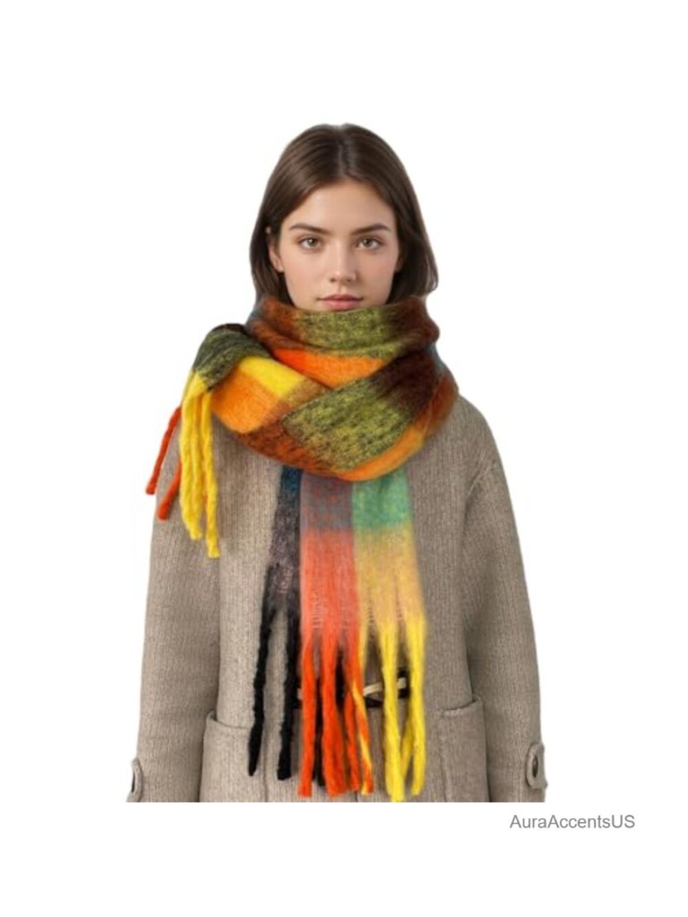 Chunky Winter Scarf for Women, Plaid Long Shawl, Thick Tassel Blanket Scarf,